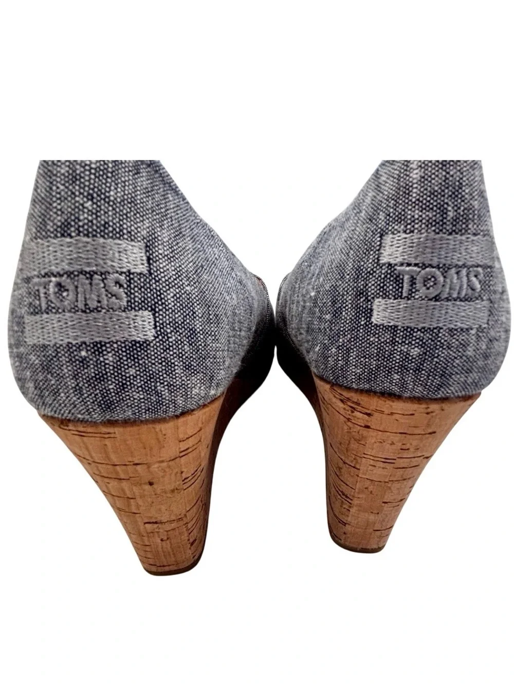 TOMS Gray Chambray Cork Wedge Peep-Toe Slip-On